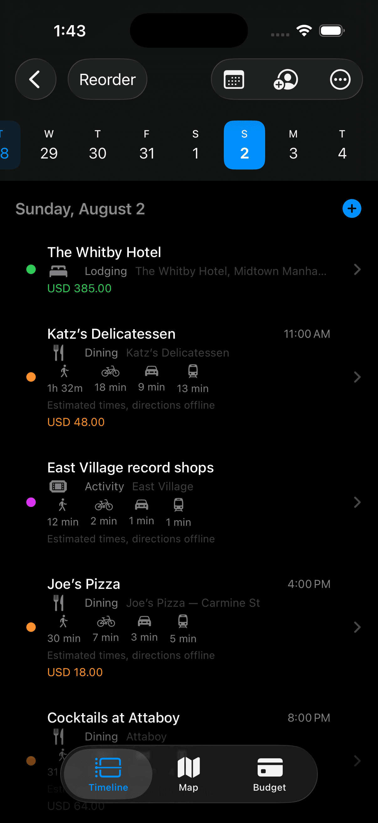 Waypoint day timeline with lodging, dining, and activities for a New York trip