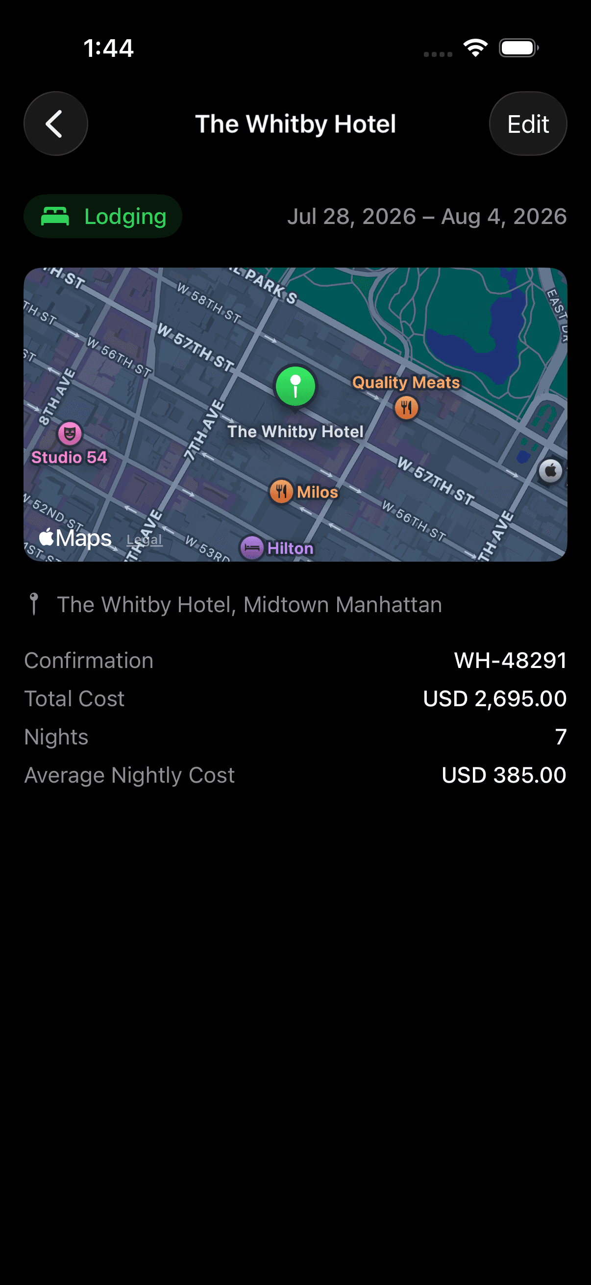 Hotel stop detail in Waypoint with map, confirmation number, and cost