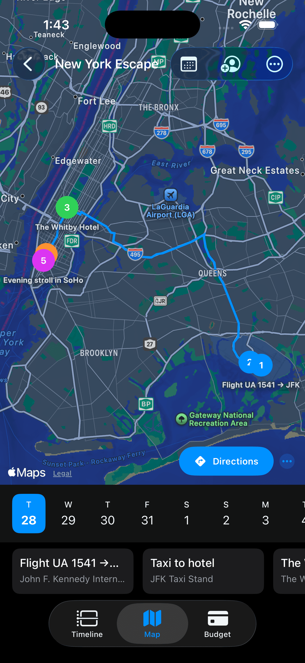 Waypoint map view of a New York itinerary with routes and pinned stops