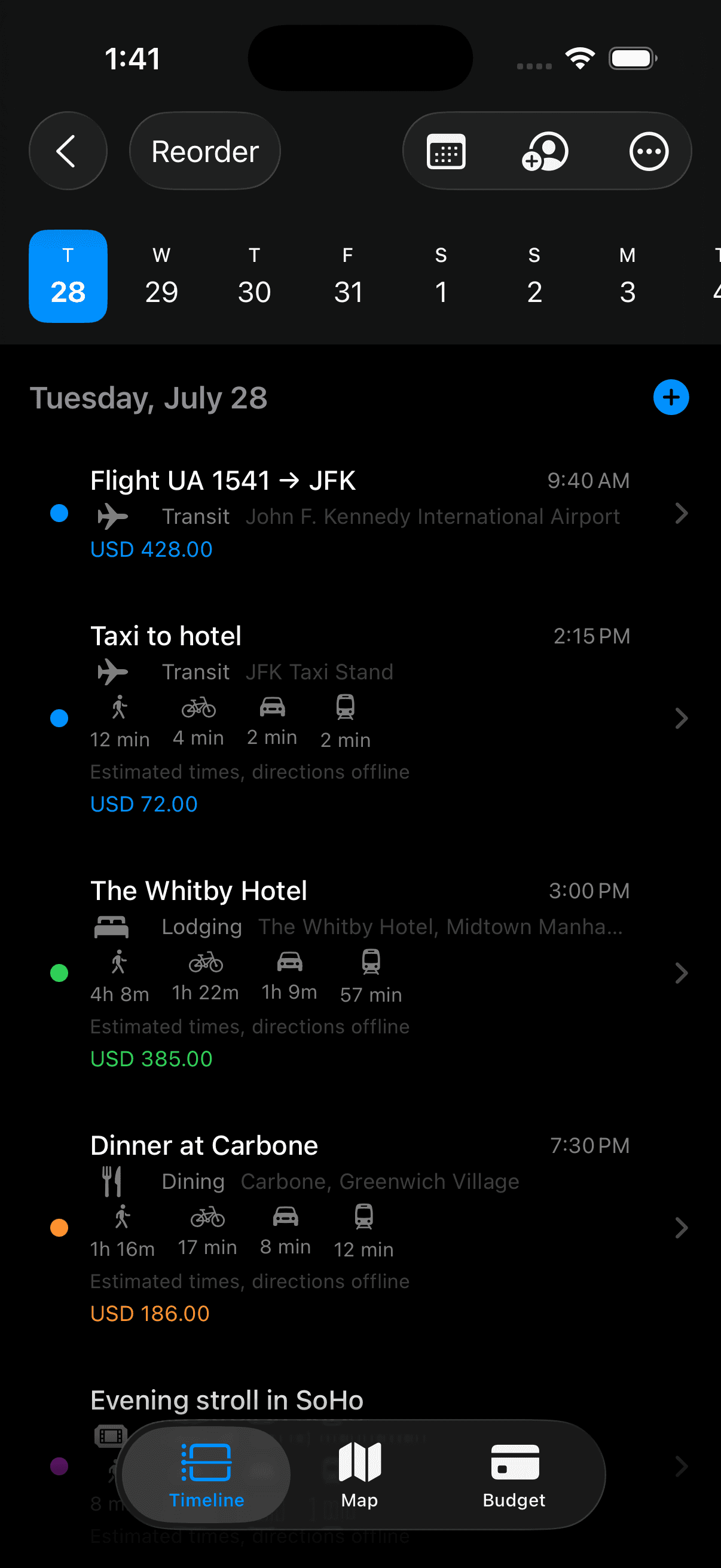 Waypoint timeline for a New York trip day, with flights, lodging, and dinner